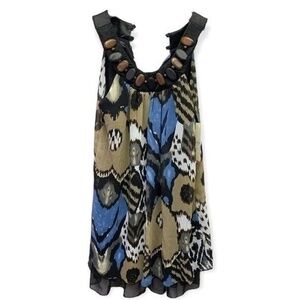 Kitty Tunic Top Size M Black Blue Brown Sexy‎ Classy Flowing Abstract Beaded New